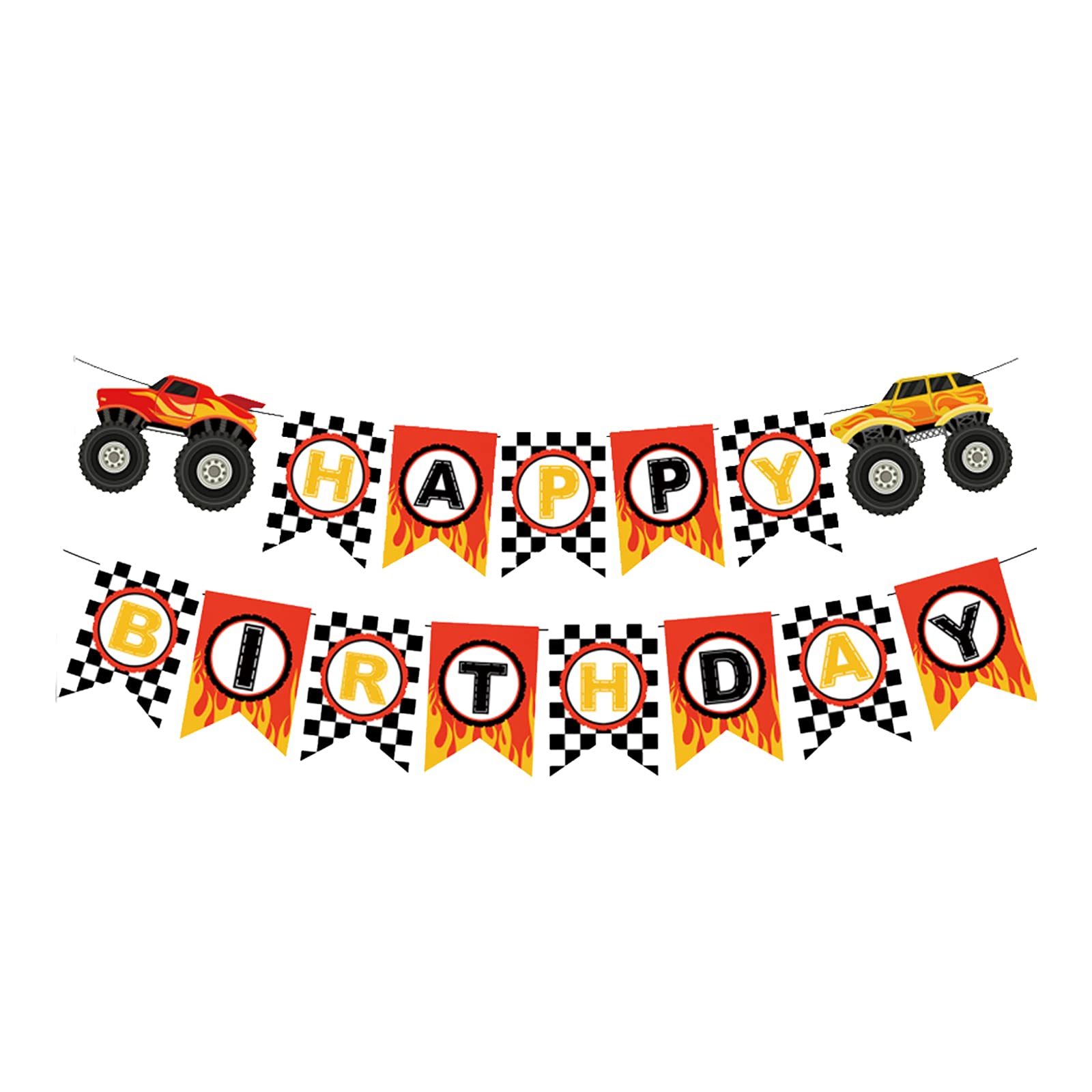 Monster Truck Birthday Banner - Cars Trucks Birthday Sign with Garland, Race Car Theme Party Supplies