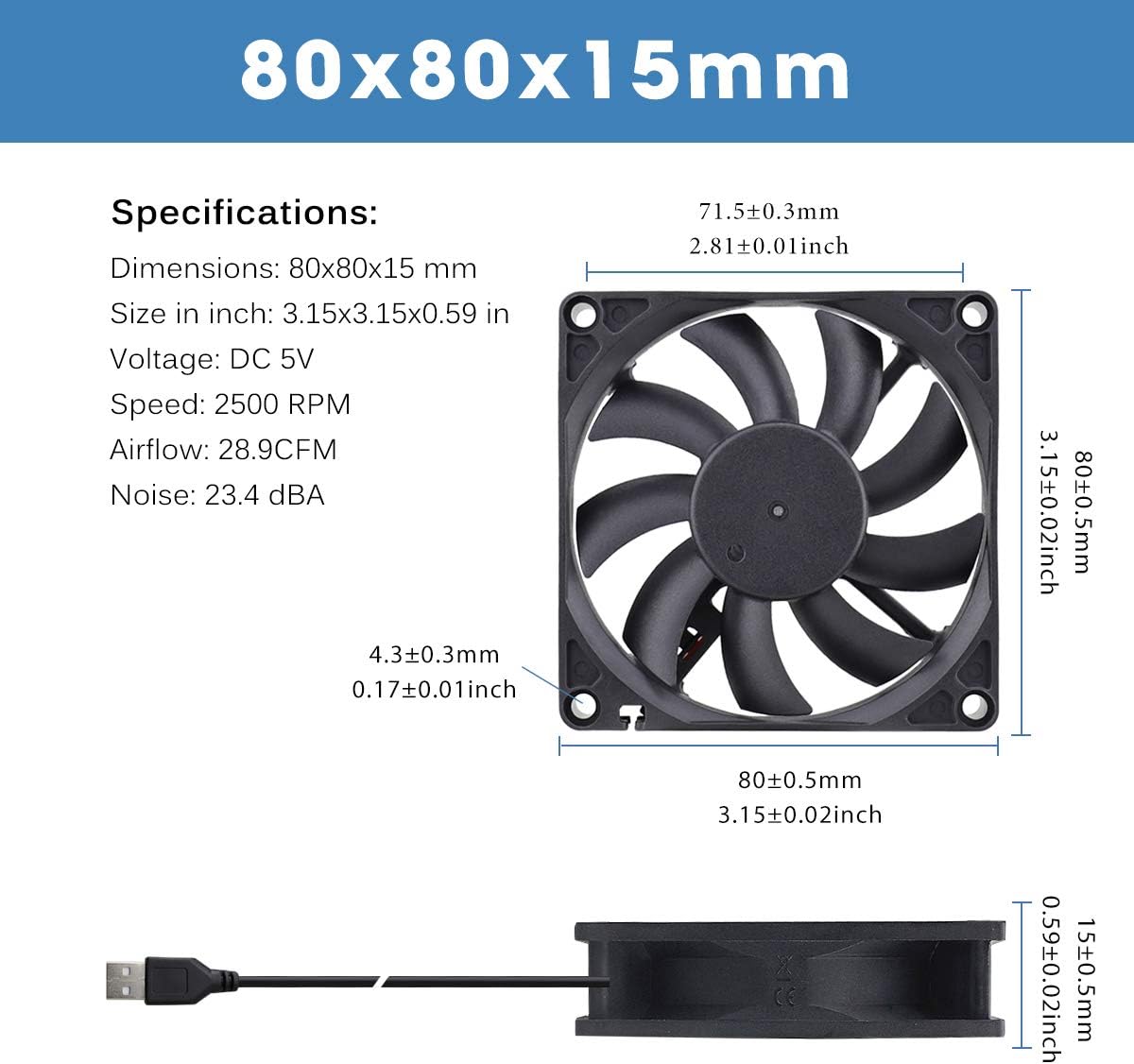 GDSTIME 80mm USB Fan 5V 80 x 15mm Computer Fan 8CM PC Case Fans 2500 RPM 8015 DC Brushless Cooling For Router TV Box Projector Game Console - Image 3