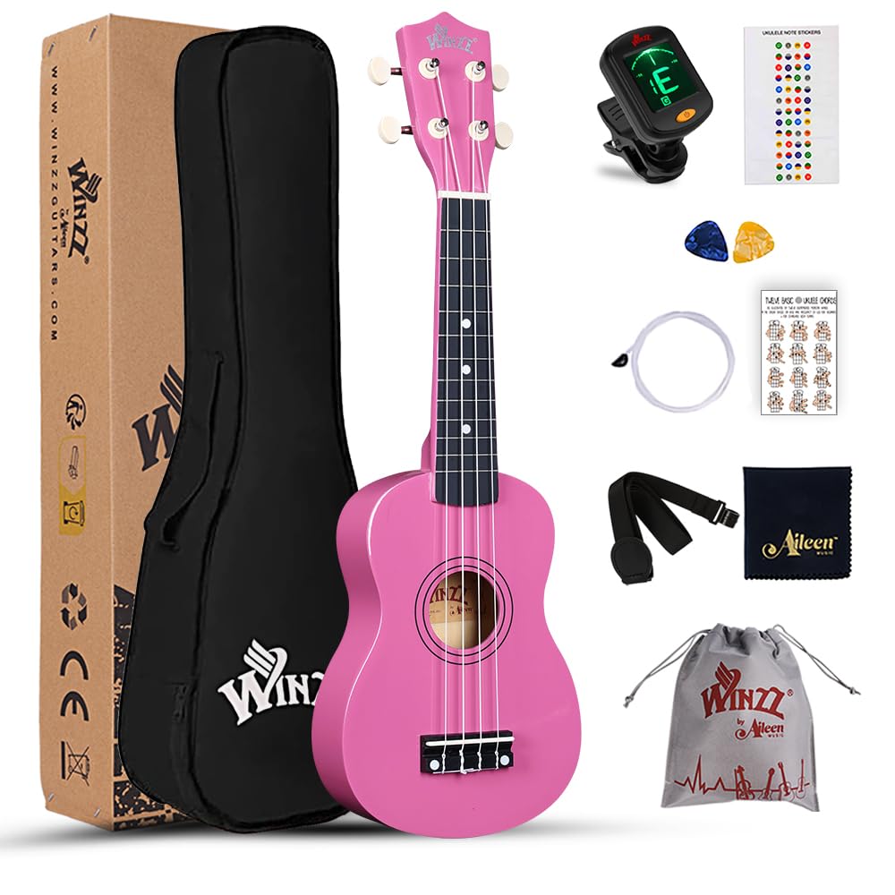 Winzz Soprano Ukulele Starter Kit For Beginners with Bag, Clip-On Tuner, Extra Strings, Strap, Plectrum, Fret Stickers, Chords Card, Polishing Cloth, Rose