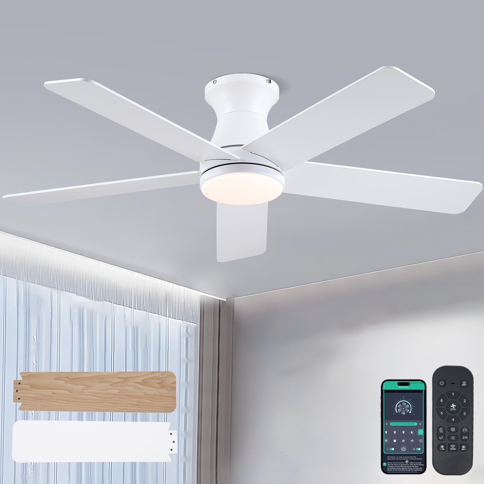Photo 1 of Goniyado 46" White Low Profile Ceiling Fans with Lights,Modern Flush Mount Ceiling Fans with Reversible DC Motor,Dimmable 3 Colors 6 Speeds
