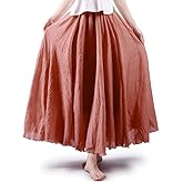 Aeslech Women's Bohemian Elastic Waist A Line Long Maxi Cotton Linen Skirt