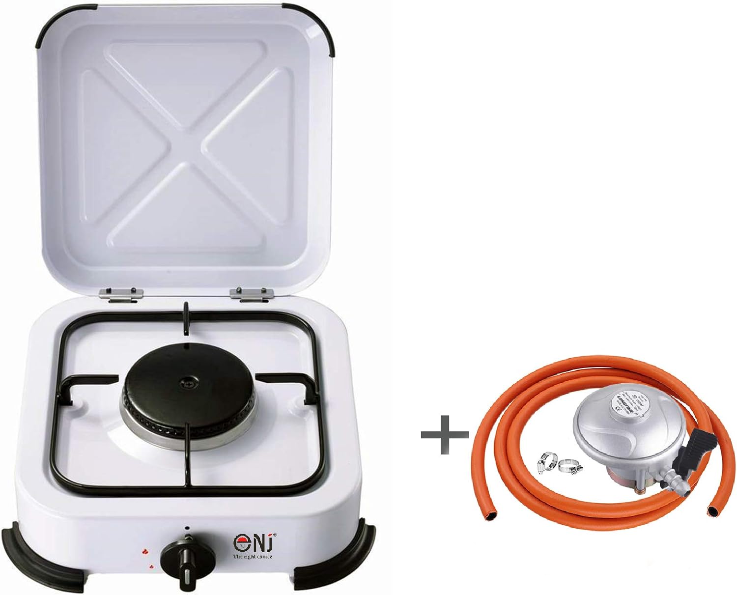 NJ01 Portable Camping Gas Hob Single Burner 2.2kW White Enamel Lid