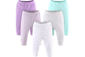The Peanutshell Pastel Baby Pants Set for Baby Girls | 5 Pack in Purple, Grey, & Mint | Newborn to 24 Month Sizes