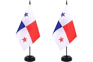 WXTWK 2 Pack Panama Flag Panama Deluxe Desk Flag Set - Mini Small Panamanian Table Office Flags with Black 12" Solid Pole Stand Base Classroom Meeting Desktop Decorations