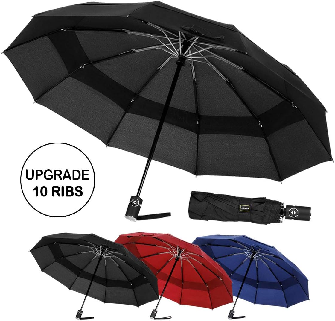 LANBRELLA Compact Travel Umbrella Vented Double Canopy Windproof Auto Open Close