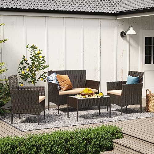 Set di Mobili da Giardino in Polyrattan, Salotto da Giardino, Mobili in Stile Rattan PE, per Patio Balcone Cortile, Marrone e Talpa GGF004K05