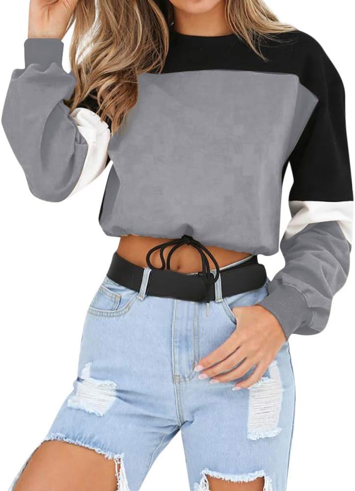Cropped Sweatshirt for Women Patchwork Stripe Crewneck Long Sleeve Blouse Shirts Crop Top Pullover