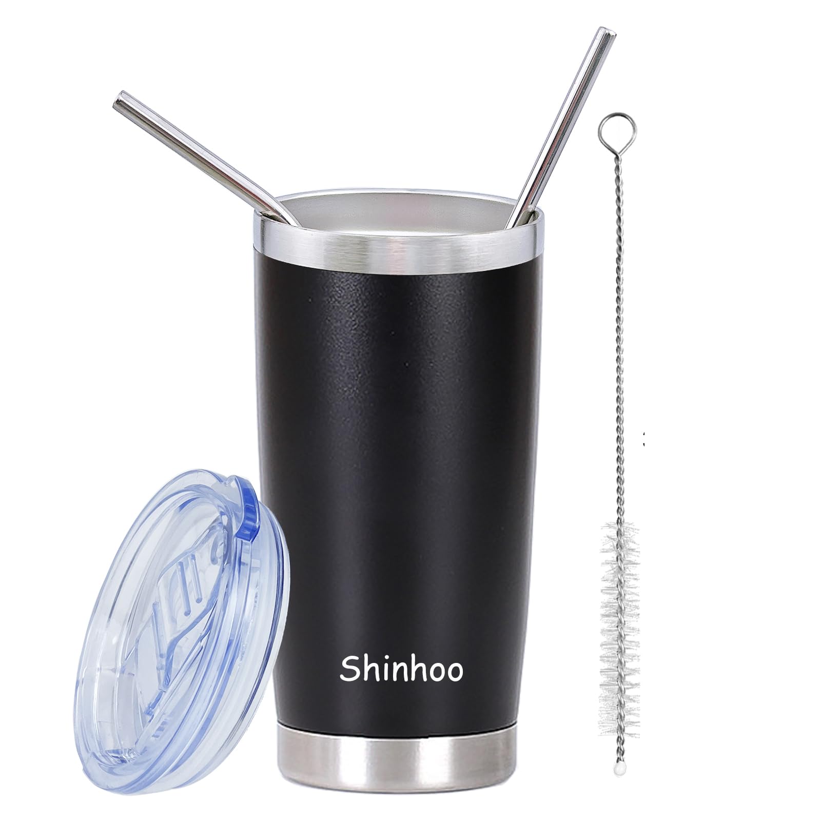 Shinhoo 20oz/ 550ml Insulated Tumbler with Straw and Lid, Double Wall Thermal Coffee Flask Travel Mug Stainless Steel Reusable Cup for Hot Cold Drinks, Spill-Proof (Black)