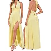 XinFSh Women's Halter V Neck Wedding Guest Maxi Dress Sexy High Slit Bow Tie Beach Vacation Long Formal Dresses