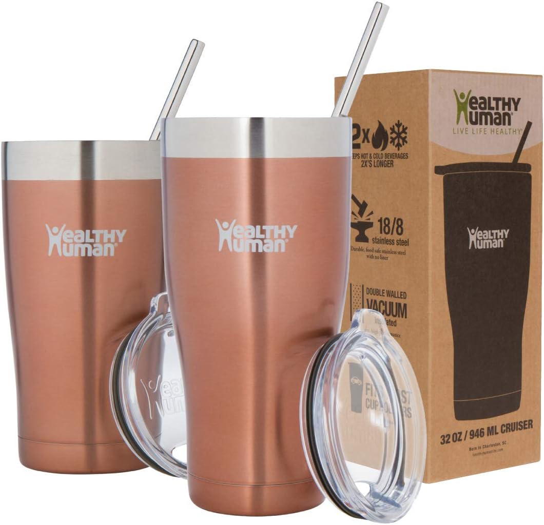 Healthy Human Insulated Stainless Steel Tumbler Travel Cruiser Cup with Straw and Lid 32 oz Sunset Gold