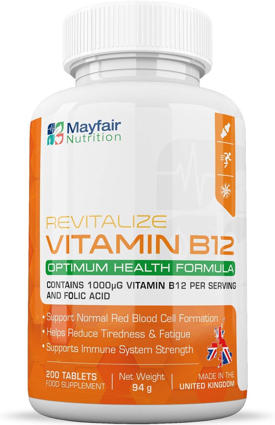 Vitamin B12 Supplements with Folic Acid - 200 Tablets of 1000 mcg Vegan B12 - Non-GMO & Gluten-Free - Made in UK