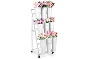 LEALIBAUSS 3FT Flower Display Stand with 9 Buckets,Metal Flower Bar Stand with Wheels,3 Layers Moving Florist Bouquet Shelf f