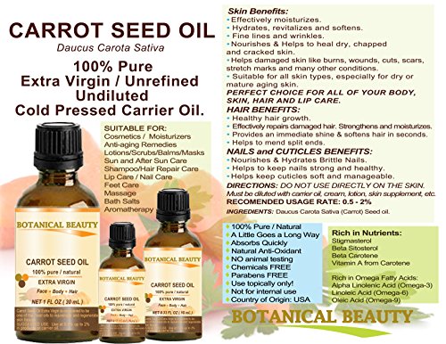 CARROT SEED OIL 100% Pure/ Natural /Extra Virgin / Unrefined / Cold Pressed/ Undiluted Carrier Oil. 0.33 Fl.oz.- 10 ml. Skin, Body and Hair Care. by Botanical Beauty