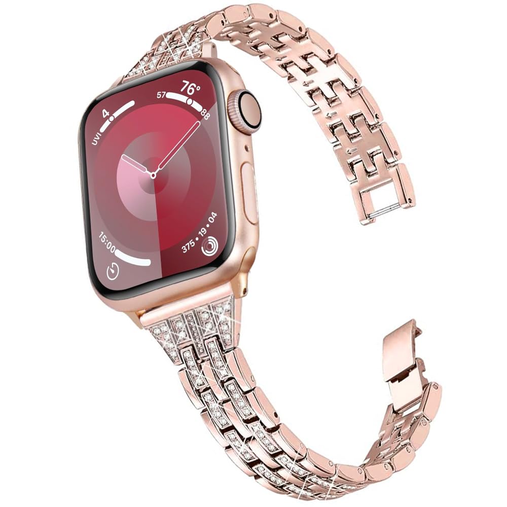 DEALELE Strap Compatible with iWatch 42mm 44mm 45mm 49mm, Luxury Diamond Rhinetone Metal Replacement Bracelet for Apple Watch Series 9 / 8 / 7 / 6 / 5 / 4 / 3 / SE / Ultra Women Men (Rose gold)
