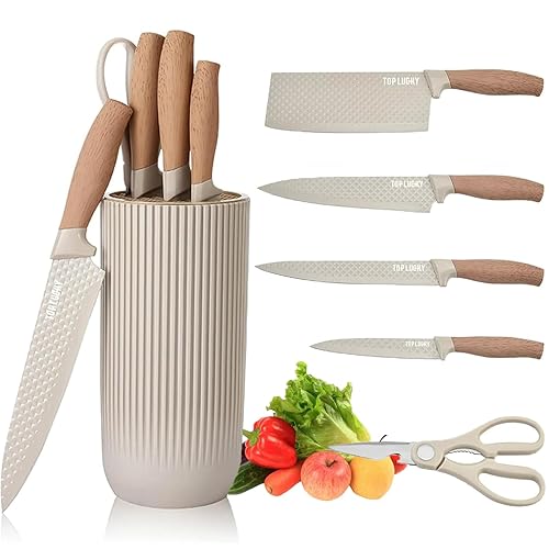 Knife Set, 6 Pieces Professional Kitchen Knife Set with Universal Knife Block, Super Sharp Knife Block Set with Ergonomic Handle Non-stick Stainless Steel Knife Block Set (Khaki)