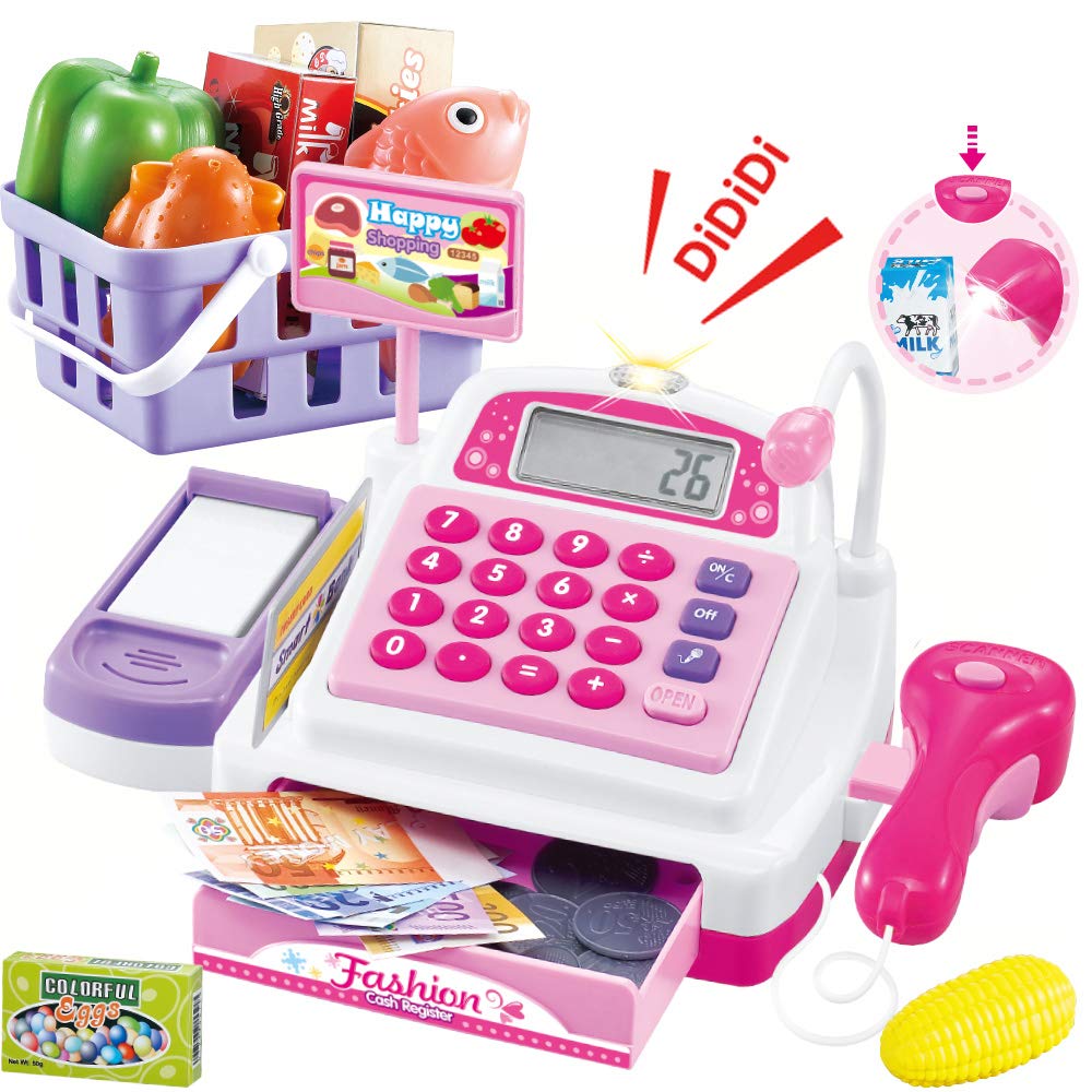 Sotodik Cash Register Pretend Play Supermarket Shop Toys with Calculator ,Working Scanner,Credit