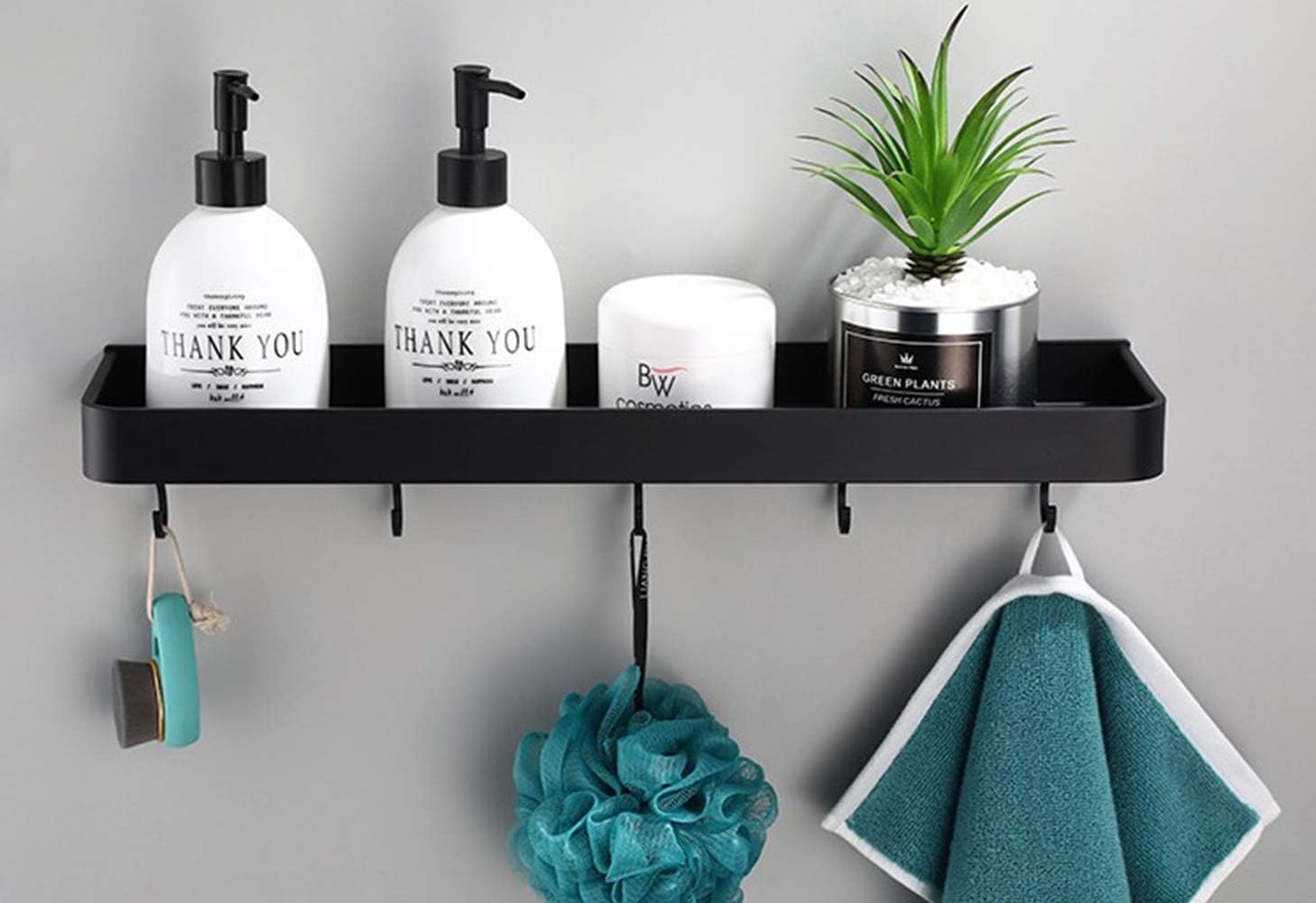 AJINGELA Wall Mounted Floating Metal Storage Rack,Black Bathroom Shelf Wall Mount Shelves Ledge Space Saving Rustproof Extra Strong Floating Shelves Storage Rack with 8 Hooks(50cm)