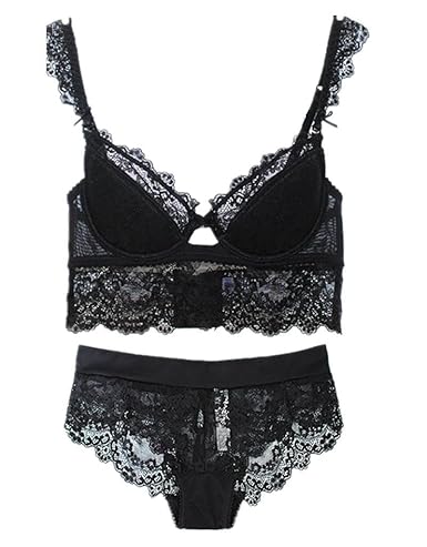 Nature Damen Dünn Abnehmbare Push Up Bralette Spitzen Balconette BH Set