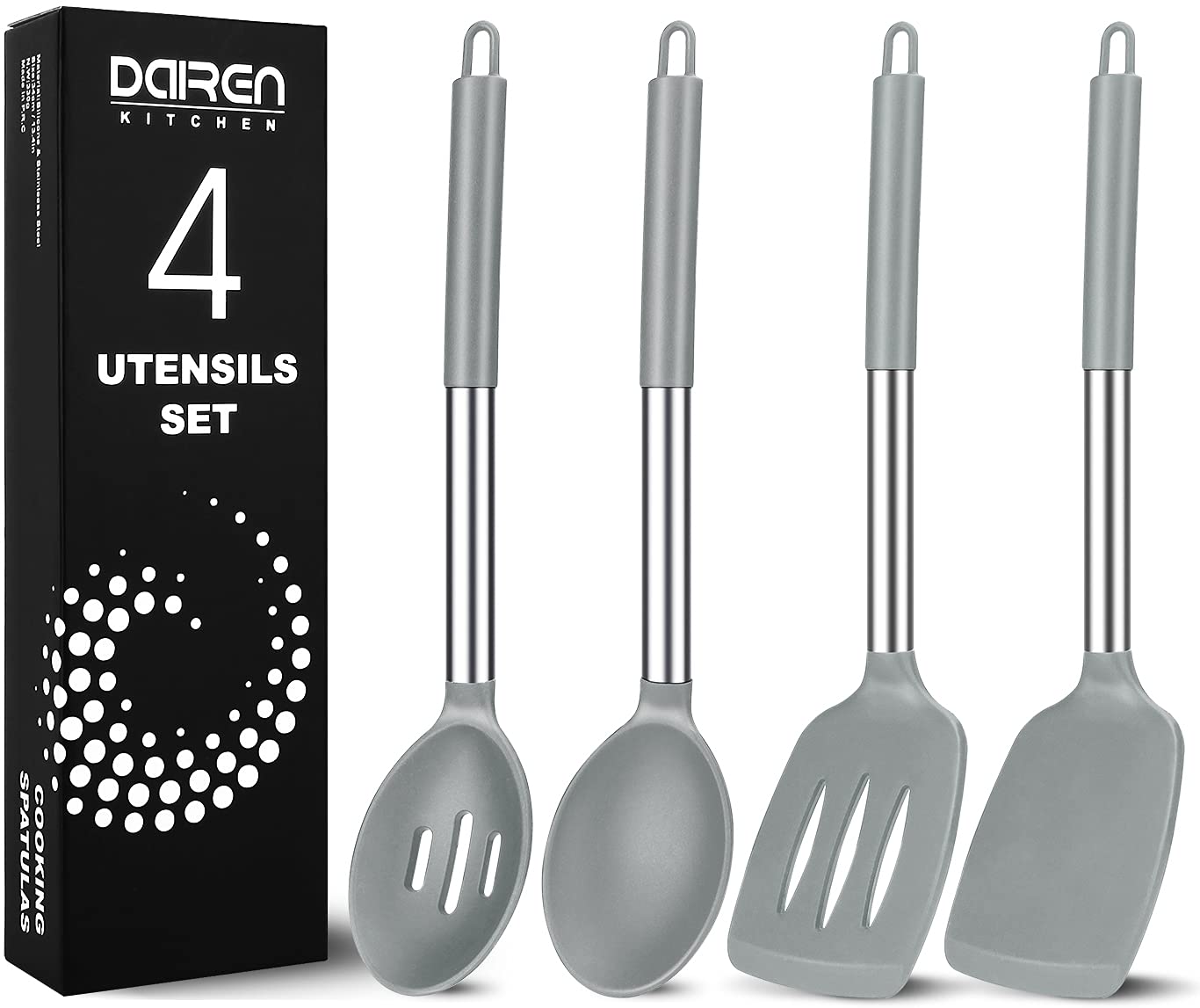 Silicone Spatulas and Spoons, 4 Pack Heat Resistant Silicone Cooking Utensils Set, Non Stick Large Kitchen Silicone Spatula and Spoons for Mixing, Serving, Draining, Grey