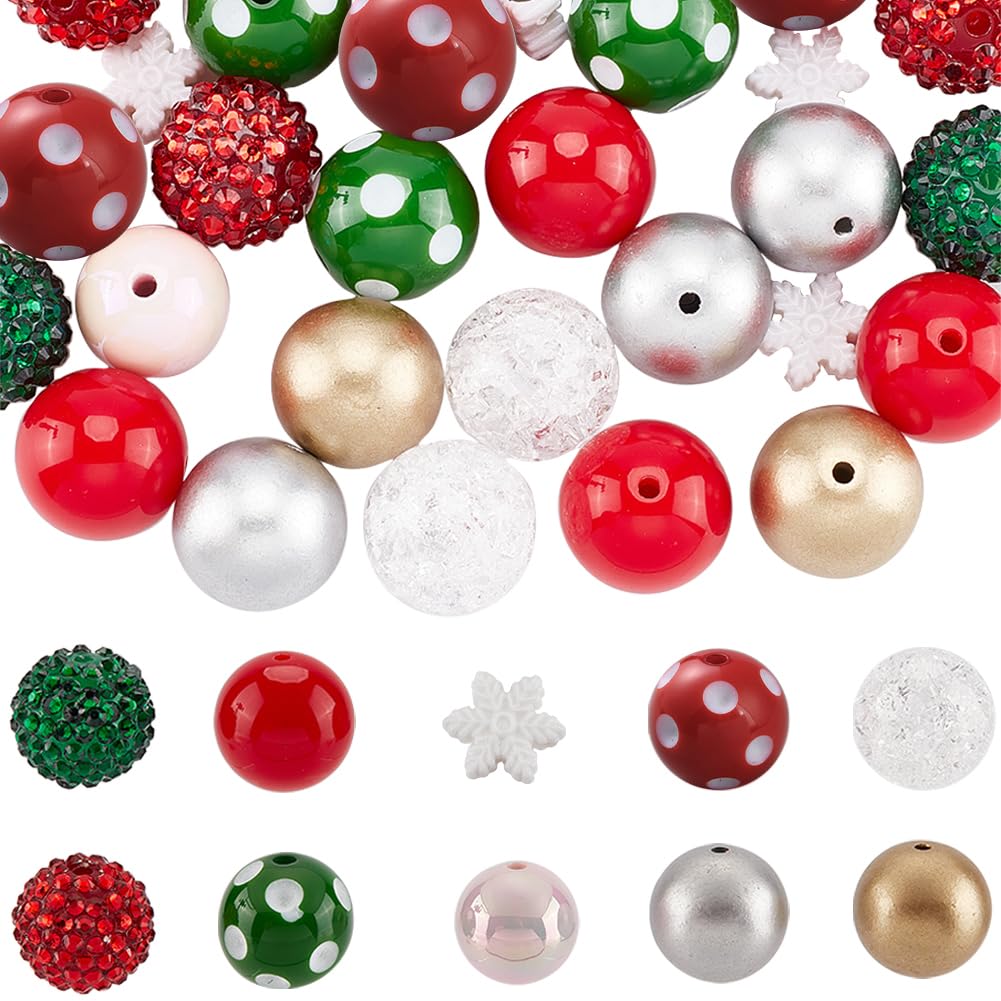 SUNNYCLUE 1 Box 50Pcs 10 Styles 20mm Christmas Bead Set Large Acrylic Bead Bulk Snowflake Loose Bead Mini Round White Red Winter Xmas Holiday Spacer Bead for jewellery Making Charms DIY Necklace Adult
