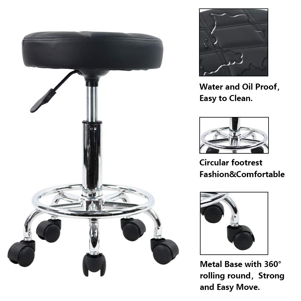 KKTONER Round Rolling Stool Chair PU Leather Height Adjustable Swivel Drafting Work SPA Shop Medical Salon Stools with Wheels Office Chair Small (Black): Kitchen & Dining
