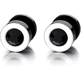 Mens Womens White Black Stud Earrings Steel Illusion Tunnel Plug Screw Back with Cubic Zirconia