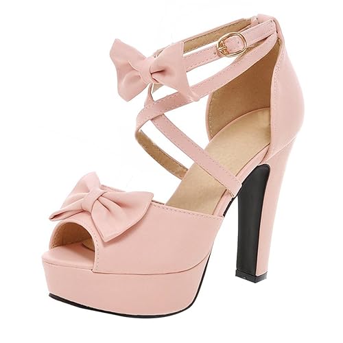 Damen Blockabsatz Peep Toe High Heels Plateau Knöchelriemchen Pumps mit Schleife und Schnalle Party Schuhe