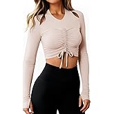 Fisoew Womens Long Sleeve Ruched Tops Workout Slim Fit Cropped Drawstring Shirts Gym Yoga Outfits