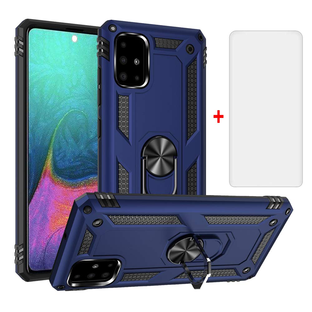 Phone Case for Samsung Galaxy A71 and Tempered Glass Screen Protector Cover With Stand Ring Holder Kickstand Accessories Heavy Duty Rugged Protective Shockproof Hard Bumper SM-A715F 71A A 71 Blue