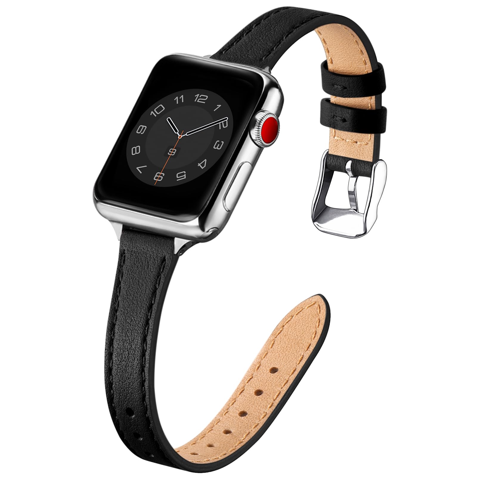 SUNFWR Compatible with Apple Watch Strap 42mm 44mm 45mm,Genuine Leather Strap Replacement,Slim&Thin Wristband for iwatch Series 7/6/5/4/3/2/1,SE(42mm 44mm 45mm,Black&Silver)