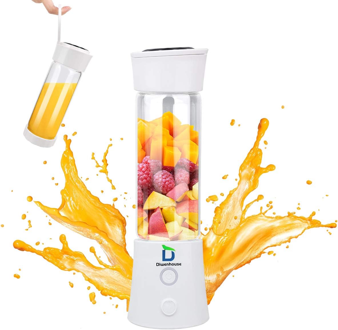 Diwenhouse Portable Blender, Personal Size Blender for Shakes and Smoothies Mini Juicer Cup 16 oz USB Rechargeable Battery Wireless White