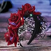 JEAIRTS LED Flower Mexican Headband Gothic Day of The Dead Headpiece | Rose Flower Halloween Costume Hair Accessories for Women