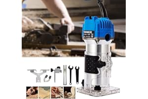 BOUPOWER Wood Routers, Electric Wood Trimmer Router Tool, Compact Wood Router Tool Hand Trimmer, Cutting Palmming Tool, 30000 RPM 1/4" Collets 800W 110V，Blue and Silver