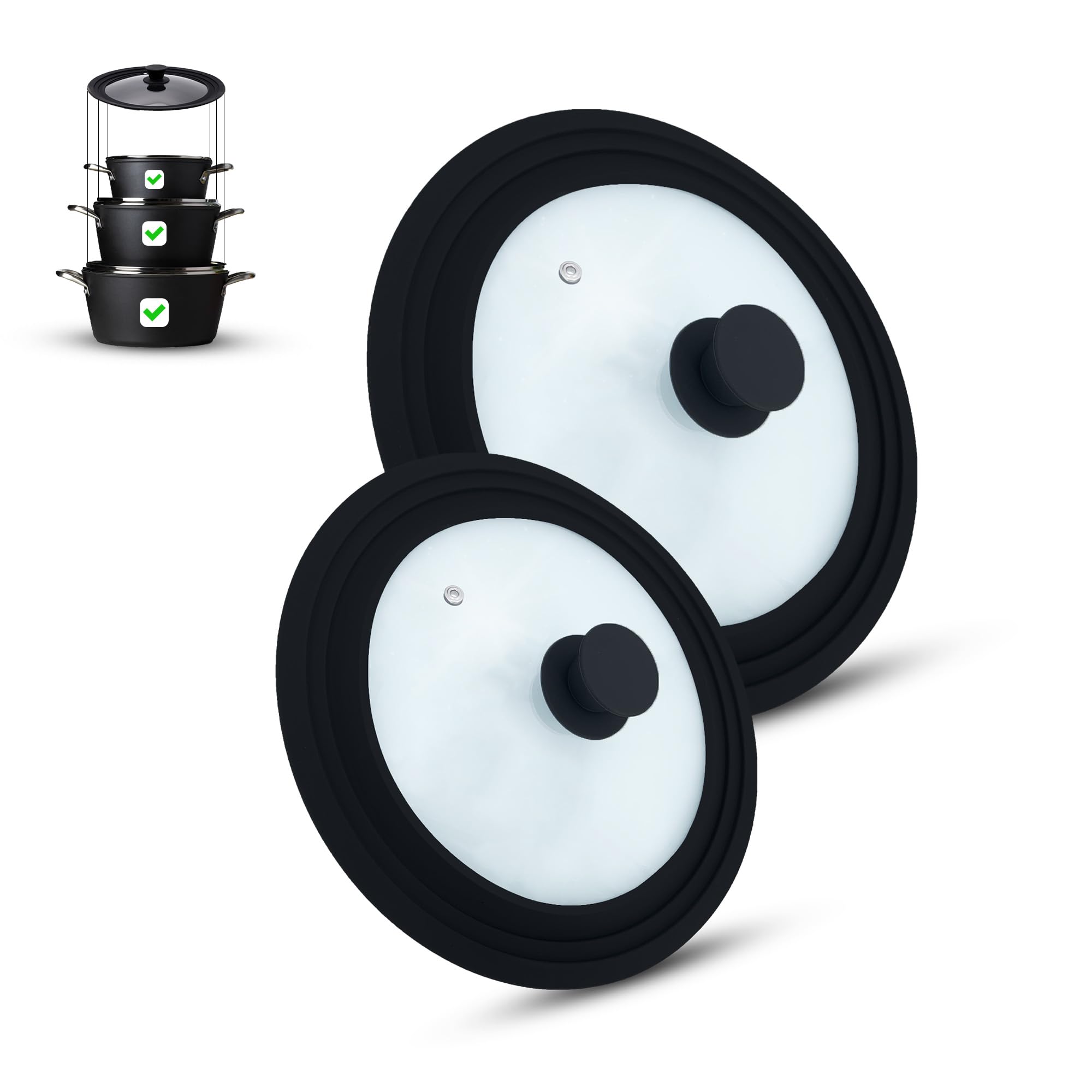 Set of 2 universal glass lids, 2-part, pots and pans 16/18/20 cm & 24/26/28 cm, with outlet valve and silicone rim. (Black, 16/18/20-24/26/28 cm)