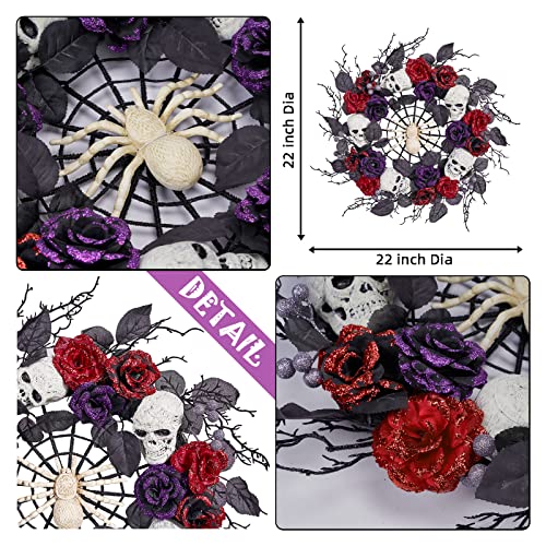 Vofuly 22inch Halloween Wreath for Front Door, Halloween Decor with Spider,Skulls and Rose for Indoor Outdoor Party Decor,Front Door Wall Wreath Ornaments Decorations,22 inch