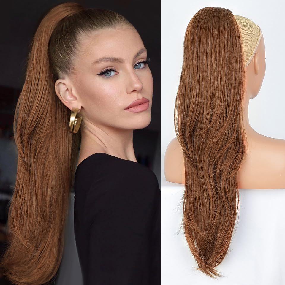 PORSMEER Ponytail Extension,Drawstring Ponytail Hair Extensions Auburn Brown Colour 26 Inch Long Natural Straight Wavy End Synthetic Hairpiece for Women Girls Daily Use — image 1