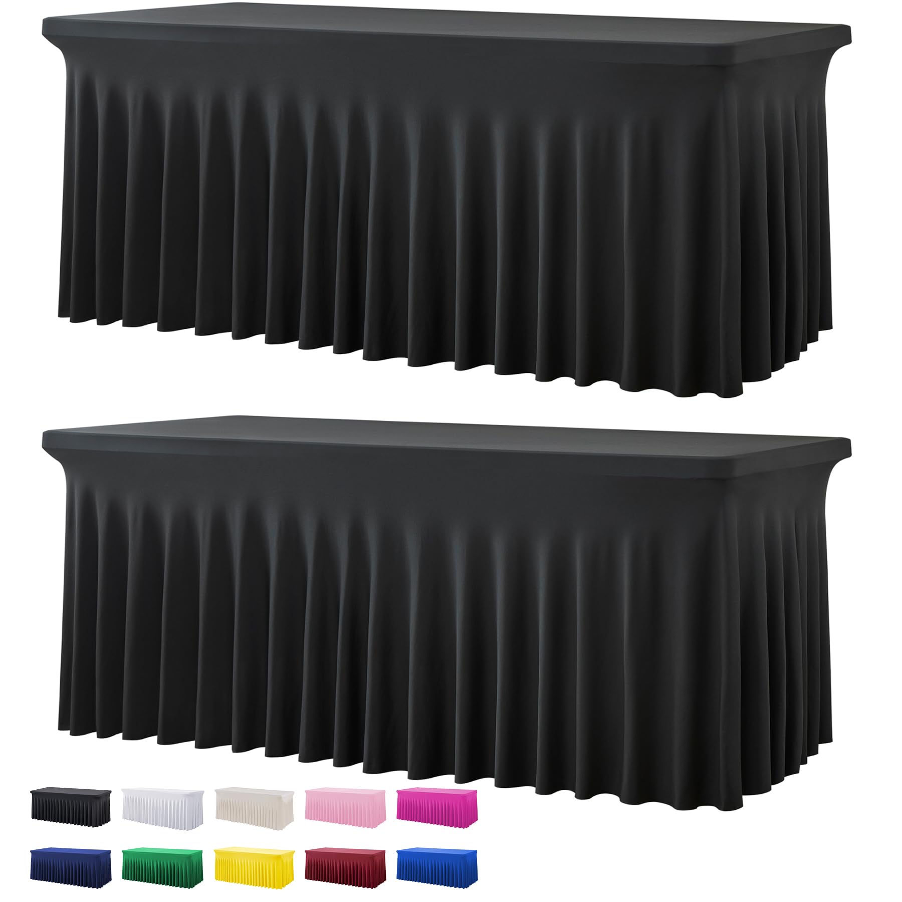 Photo 1 of Htper 2 Pack Black Spandex Table Covers for 6 Foot Rectangle Tables, Wrinkle Free Fitted Tablecloths 6ft Stretch Table Clothes with Skirt for Parties Weddings Birthday Banquet Baby Shower