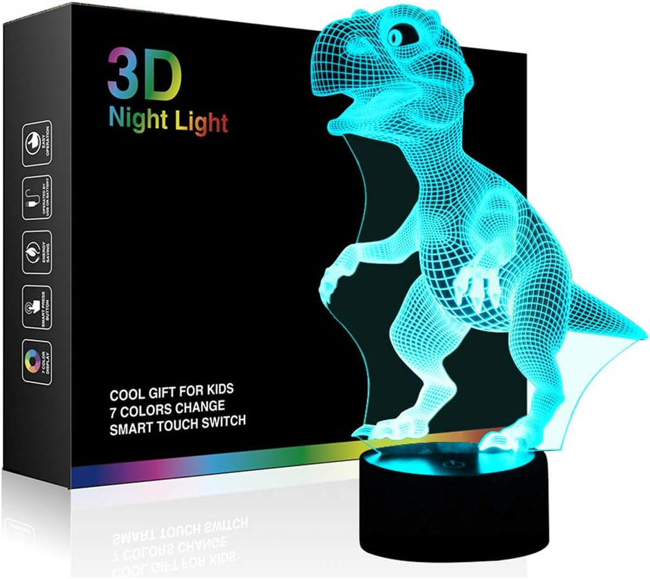 Tiscen 3D Illusion Night Light, LED Table Desk Lamps Dinosaur Nightlights, 7 Colors USB Charge Lighting Bedroom Home Decoration for Kids Christmas Halloween Gift Birthday GiftBirthday Gift