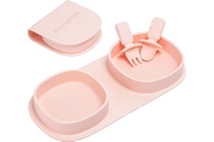 yahaa Toddler Plates Travel Essential on the go,Baby Plates with Forks and Spoons Self Feeding 6 months,Foldable,Silicone,BPA Free,Blush
