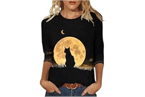 GENERIC Halloween Shirts for Women Trendy 3/4 Sleeve Tunic Tops Funny Ghost Pumpkin Print Pullover Blouse Cotton Fall Tshirt