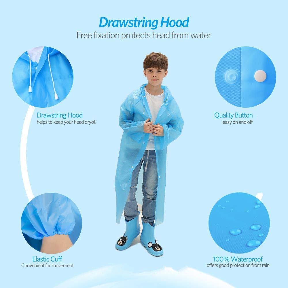Kids Rain Poncho Raincoats, Lightweight Waterproof Reusable Rain Jacket Coat with Hooded for Girls Boys, Portable Poncho Rainwear for Outdoor/Camping/Hiking/Parks, 2 Pack Blue & Pink Rain Poncho