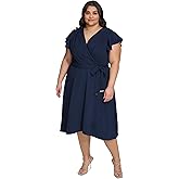 DKNY Womens Belted Faux Wrap Surplice Dress