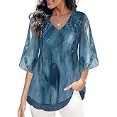 SeSe Code Womens Ruffle 3/4 Sleeve Mesh Blouses Loose Flowy Tops Stretchy Shirts