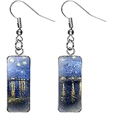 KaFu Rectangle Van Gogh Painting Starry Sky Sunflower Drop Dangle Earrings Abstract Art Trendy Glass Earrings for Women Girls Charm Jewelry