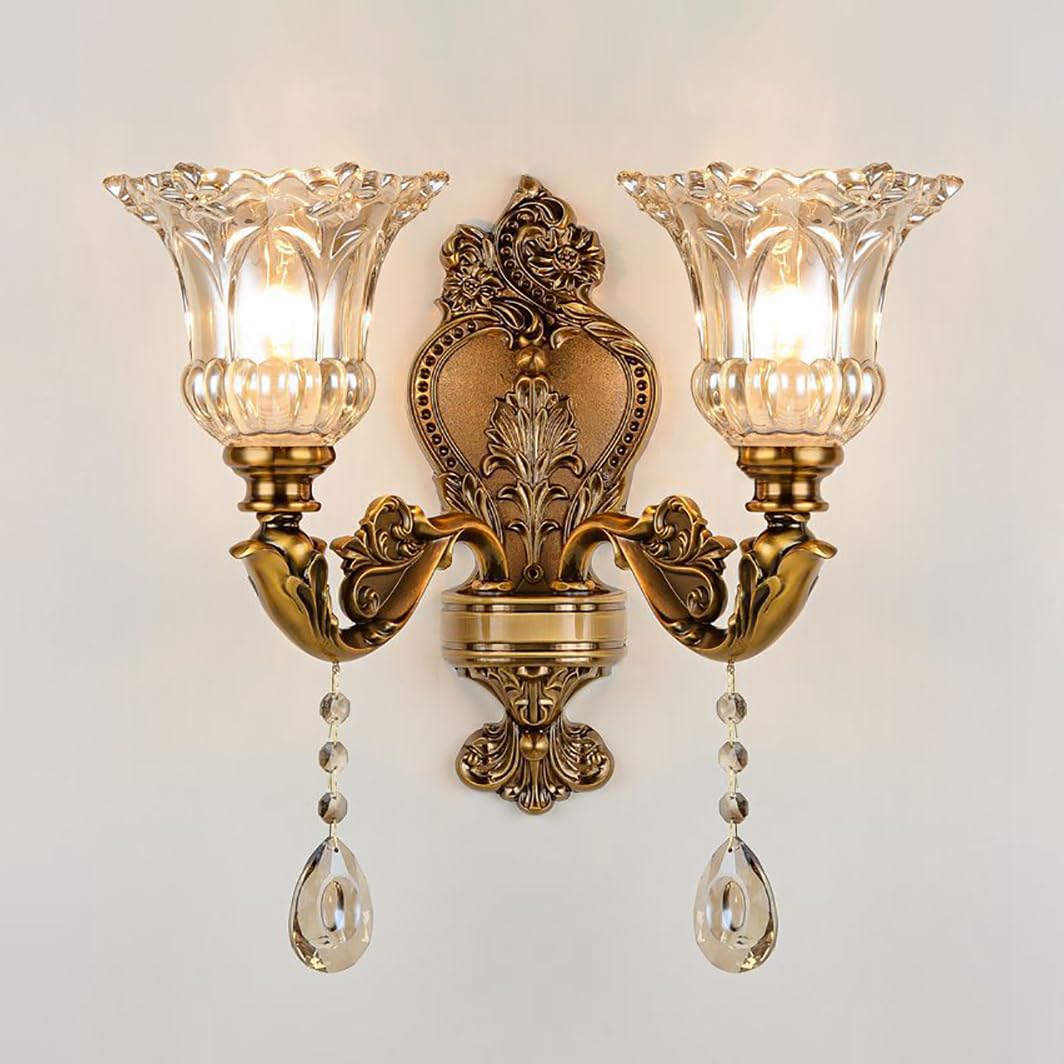 Photo 1 of Aeyee Vintage Glass Wall Sconce, Elegant Brass Wall Light, Crystal Floral Bedside Wall Lamp, Wall Mounted Lamp for Entrance, Bedroom, Hallway