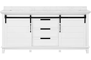 Ove Decors Double Undermount Sink Bathroom Vanity with Cultured Marble Countertop and Barn Doors, Pre-Assembled | Backsplash Included | 03 Drawers and Power Bar, 72 in, White