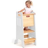 Toddler Tower with Sliding Door - 3 Adjustable Heights - 2026 Design -White | Non-slip strips on the steps, padded support feet and thick wooden panels make it safe to use in the kitchen and bathroom
