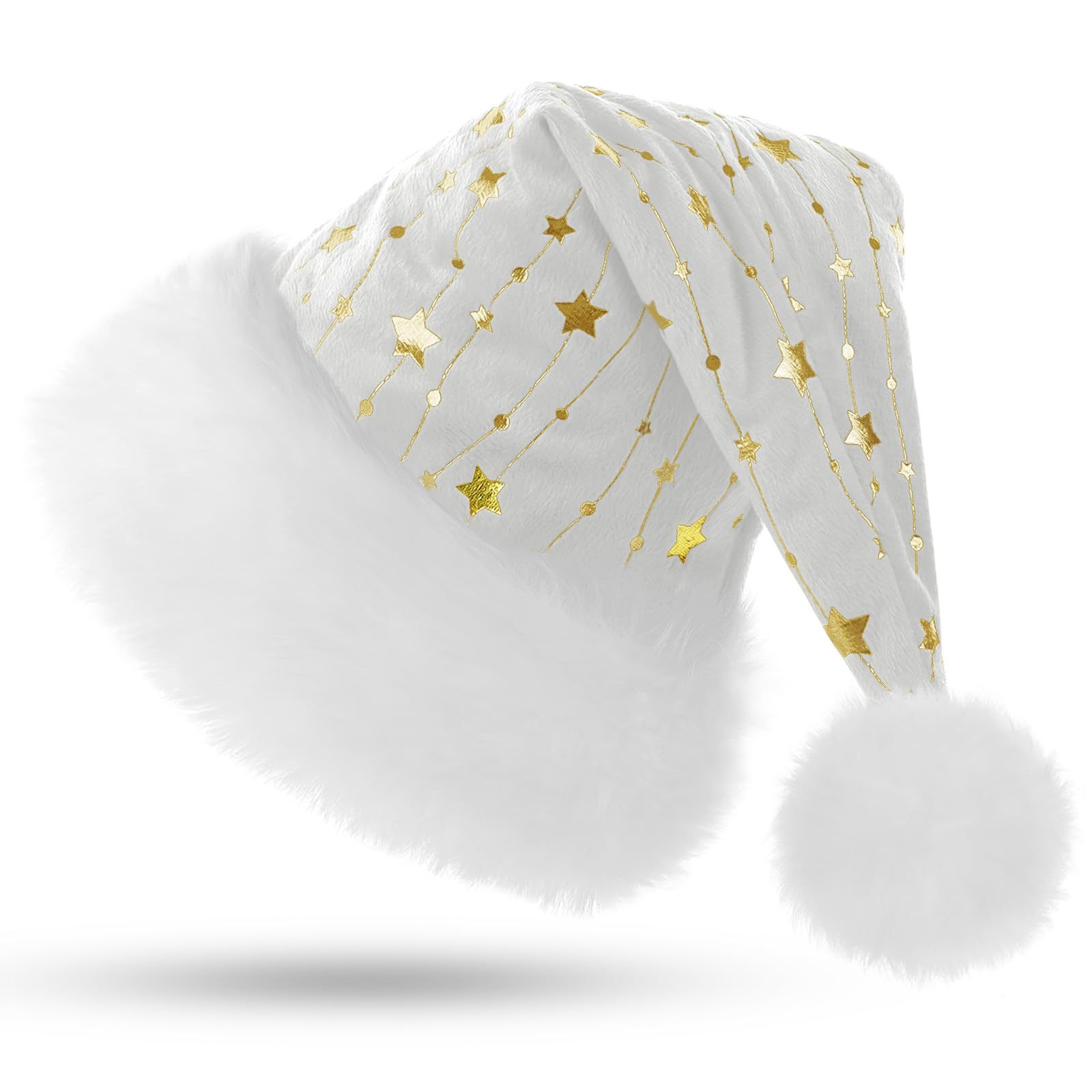 KONVINIT White Santa Hat for Adults,Fluffy Christmas Hat with Gold Stars,Warm Large Xmas Hat for Men and Women,white — image 1