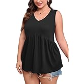 CARROTMOB Women's Plus Size Tank Tops 2025 Sleeveless Pleated V Neck Blouse Casual Loose Fit Summer Tops for Curvy Women