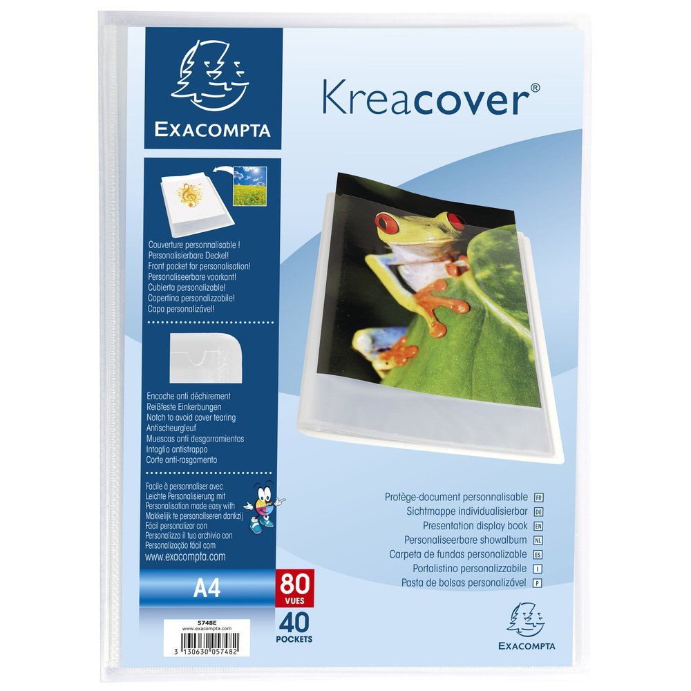 Exacompta - Ref 5748E - Kreacover Collection - Semi-Rigid Opaque PP Display Book - 240 x 320mm in Size, Suitable for A4 Documents, 40 Pockets - Clear (Single)